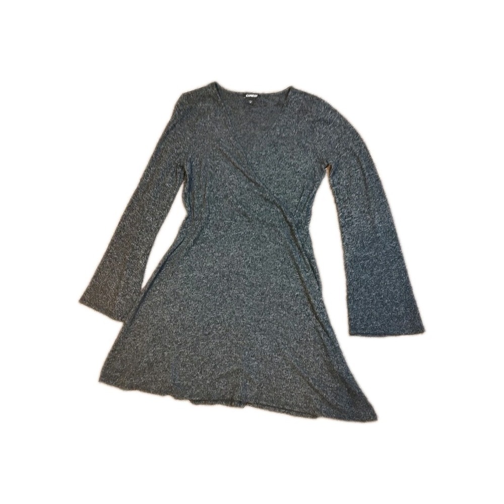 Express Gray Wrap Dress Long Sleeve Flared Bell Sleeve V-Neck Knit Medium